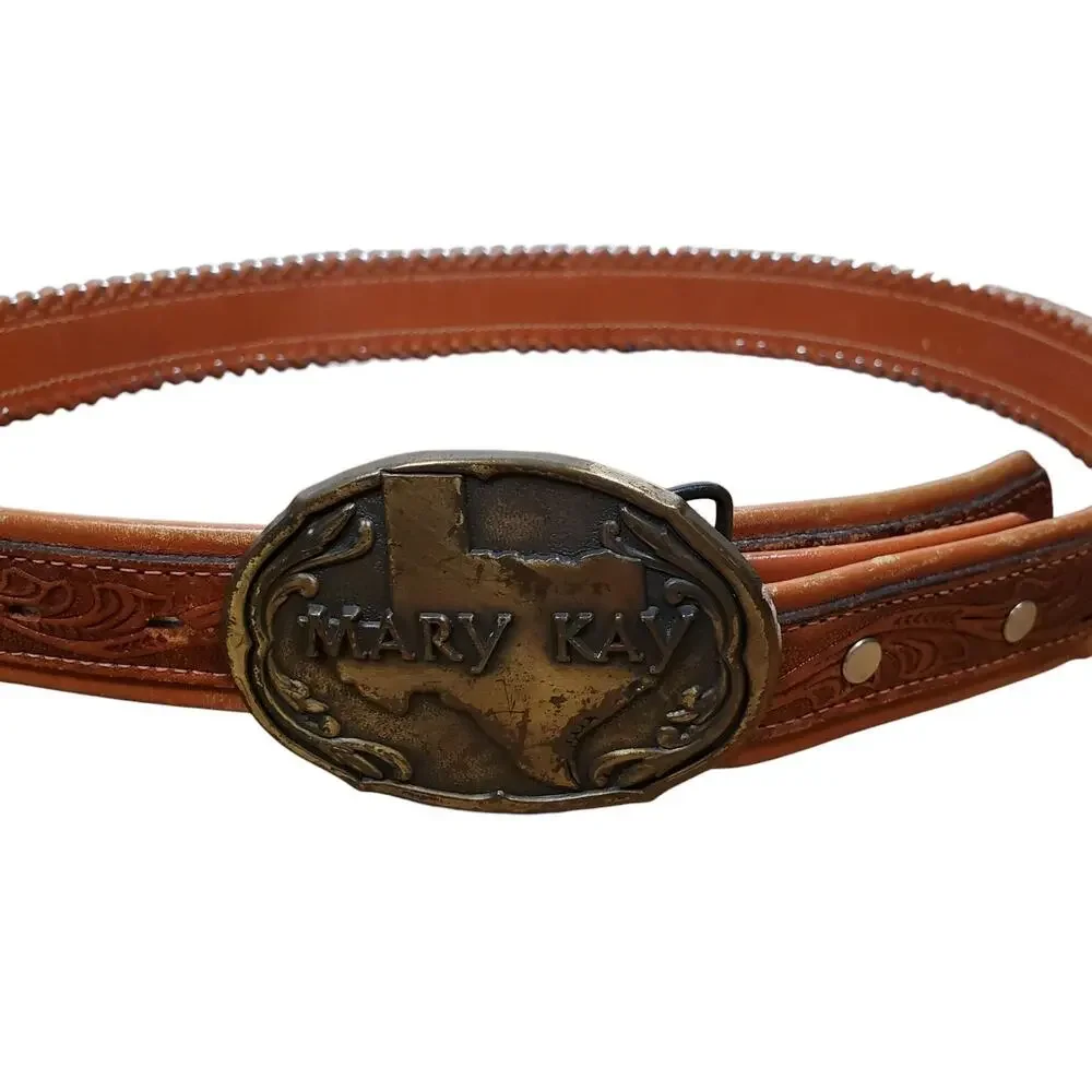 Vtg Mary Kay Western Style Belt Buckle Texas Dallas Seminar Cowboy Culture Sz 34